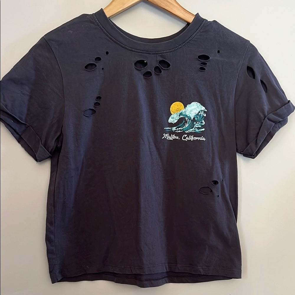 Vibe N’ Skeleton Malibu California Ocean Graphic Charcoal Distressed Tee